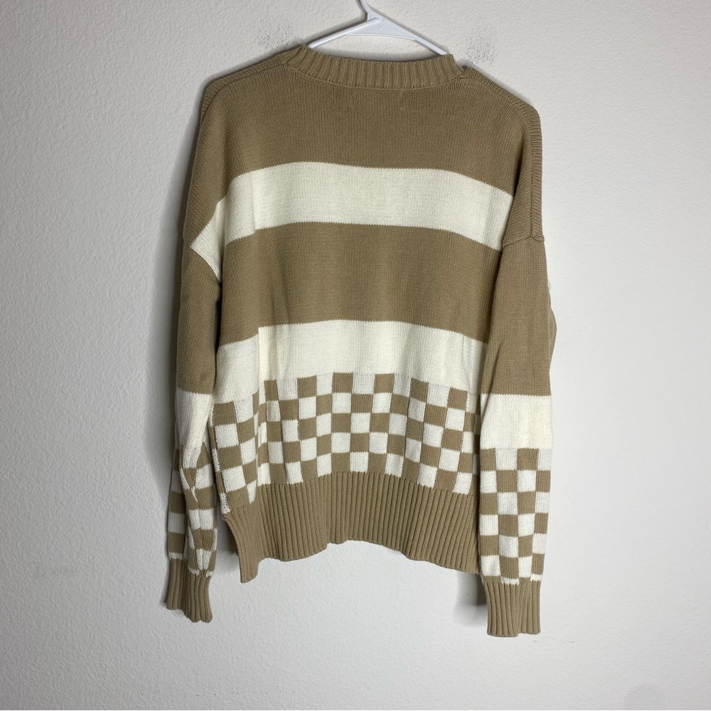 Beach Riot Callie Colorblock Checkered Striped Tan White Crewneck Sweater - Picture 5 of 5